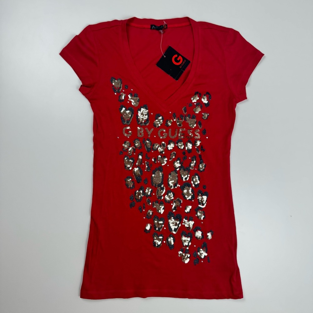 G by Guess Vintage Deadstock Y2K Red Tee Gold & Black Cheetah Sequin Size Small